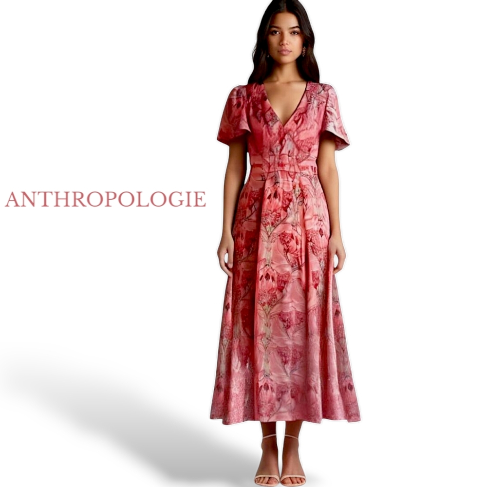 Anthropologie Pink and Red Flutter Sleeve Sundress
